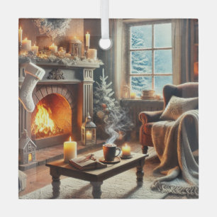 A cozy winter scene by the warm fireplace glass ornament