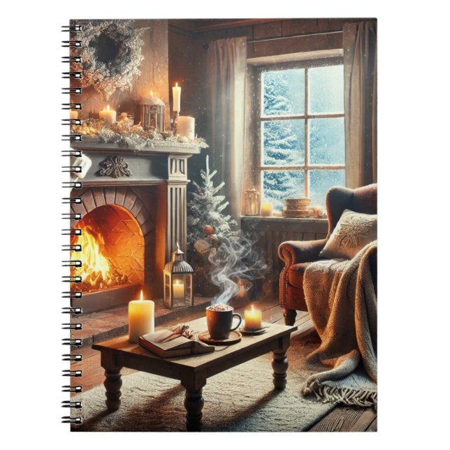A cozy winter scene by the warm fireplace notebook (Front)