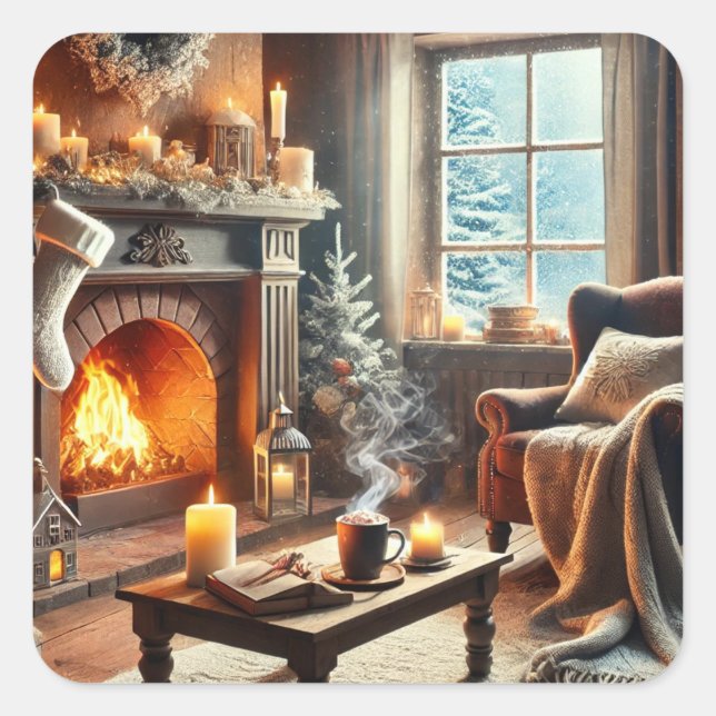 A cozy winter scene by the warm fireplace square sticker (Front)