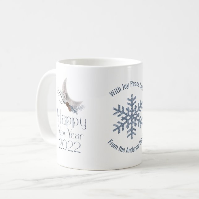 A Crescent Moon, Pine Cones. Happy New Year 2022 Coffee Mug (Front Left)