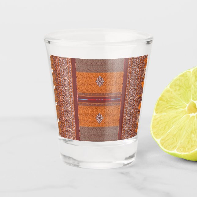 a cross stitch pattern in orange and brown shot glass (Front)