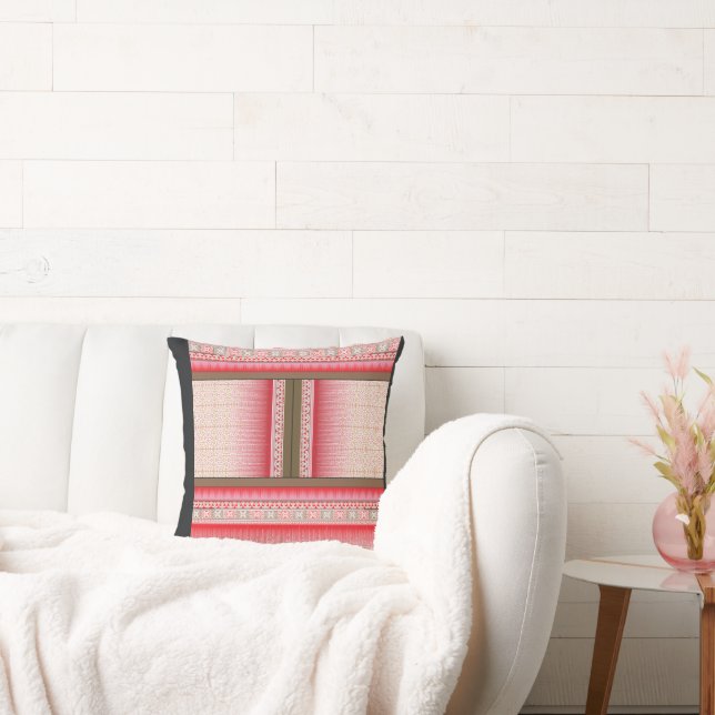 a cross stitch pattern with a red background throw pillow (Couch)