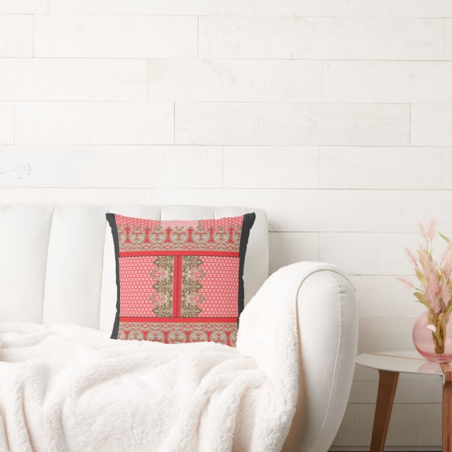 a cross stitch pattern with a red border throw pillow (Couch)
