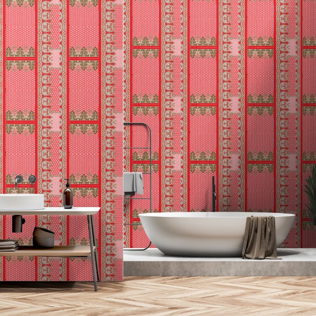 a cross stitch pattern with a red border wallpaper (Bathroom)