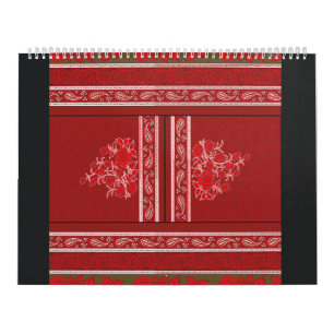 a cross stitch pattern with red flowers and vines calendar