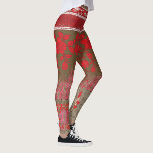 a cross stitch pattern with red flowers and vines leggings