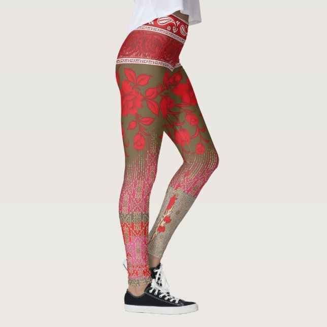 a cross stitch pattern with red flowers and vines leggings (Right)