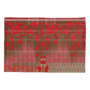 a cross stitch pattern with red flowers and vines pillowcase