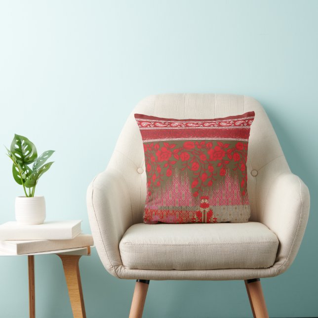 a cross stitch pattern with red flowers and vines throw pillow (Chair)