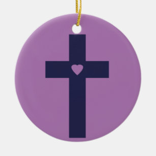 A cross with heart ceramic ornament