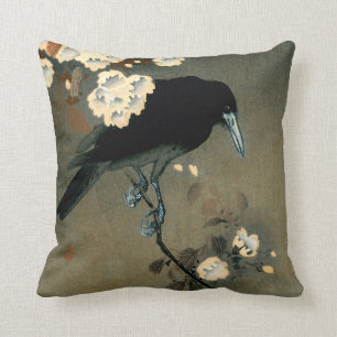 A Crow and Blossom by Ohara Koson Vintage Throw Pillow