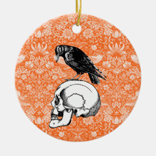 A Crow or Raven and Skull Halloween Orange Black Ceramic Ornament