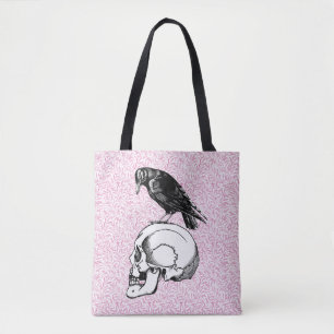 A Crow or Raven and Skull Halloween Pink and Black Tote Bag