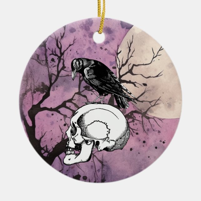A Crow or Raven and Skull Halloween Purple Moon Ceramic Ornament (Front)