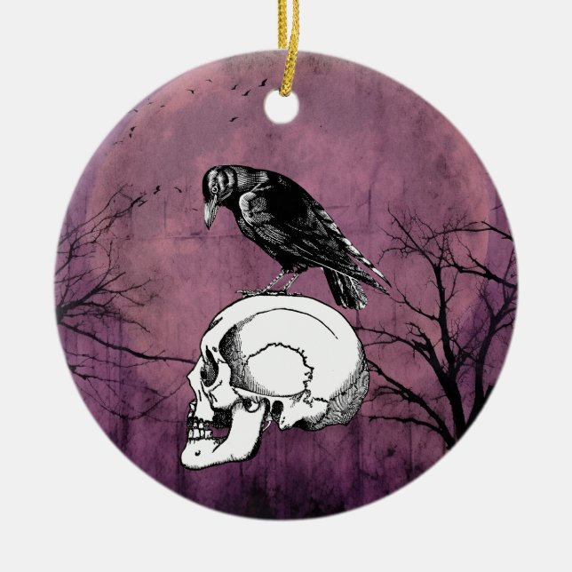A Crow or Raven and Skull Halloween Purple Moon Ceramic Ornament (Front)