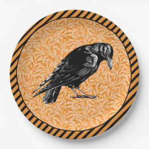 A Crow or Raven Halloween Orange and Black Paper Plate