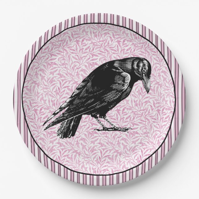 A Crow or Raven Halloween Pink and Black Paper Plate (Front)