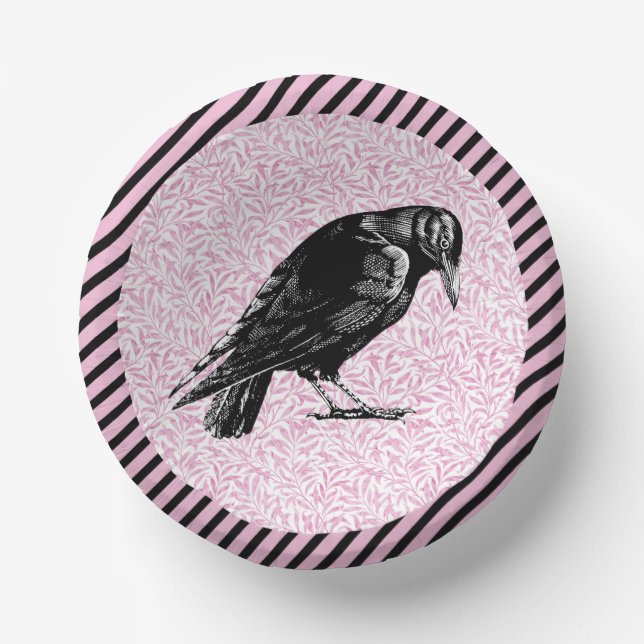 A Crow or Raven Halloween Pink and Black Paper Plate (Front)