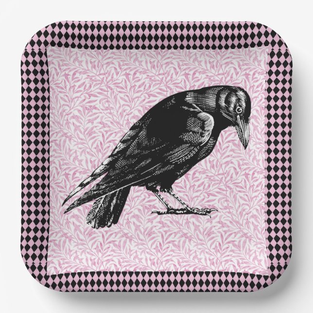 A Crow or Raven Halloween Pink and Black Paper Plate (Front)