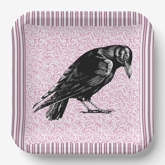 A Crow or Raven Halloween Pink and Black Paper Plate (Front)