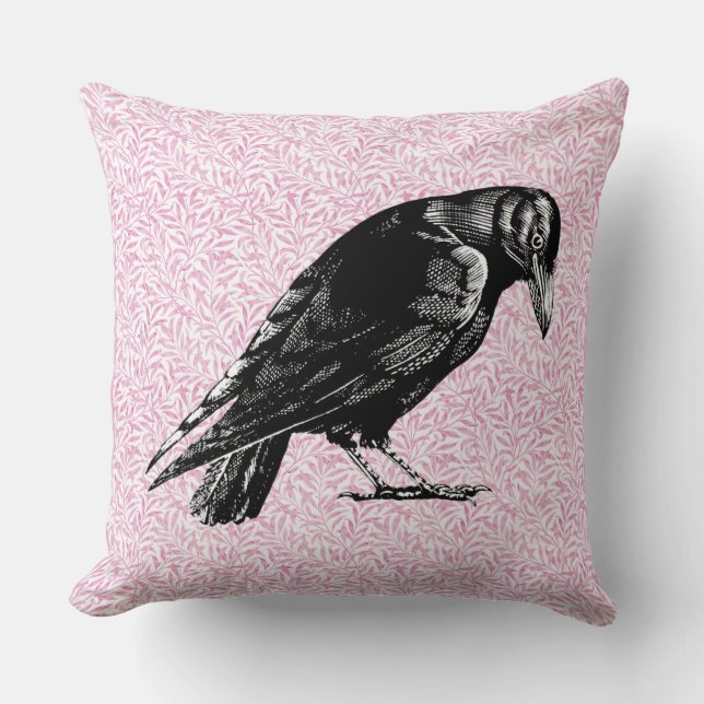 A Crow or Raven Halloween Pink and Black Throw Pillow (Front)