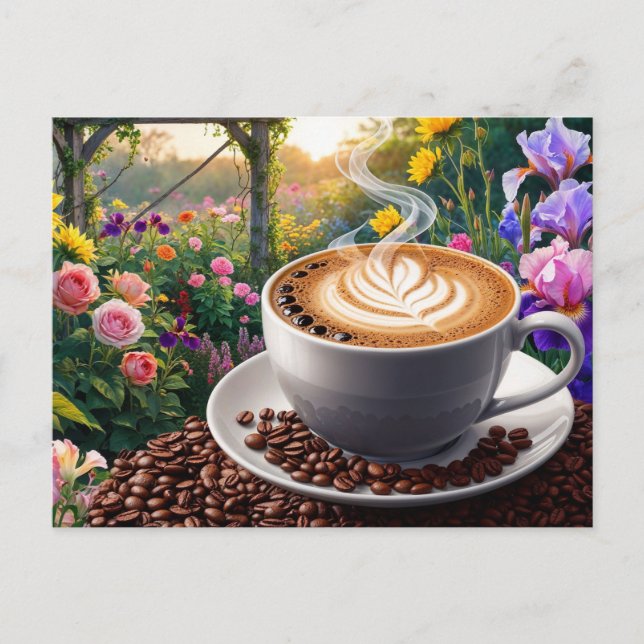 A Cup of Coffee and Beautiful Flower Garden  Postcard (Front)