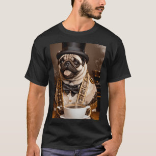 A cup of coffee with the trendy steampunk pug T-Shirt