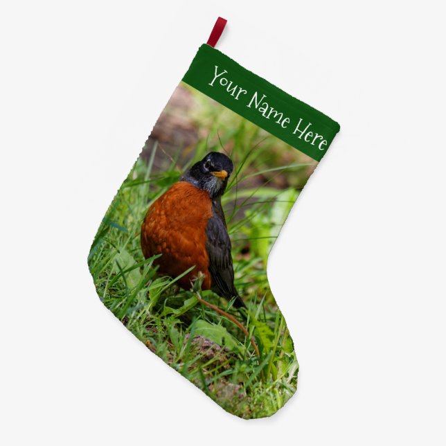 A Curious American Robin in the Grass Large Christmas Stocking (Front (Hanging))