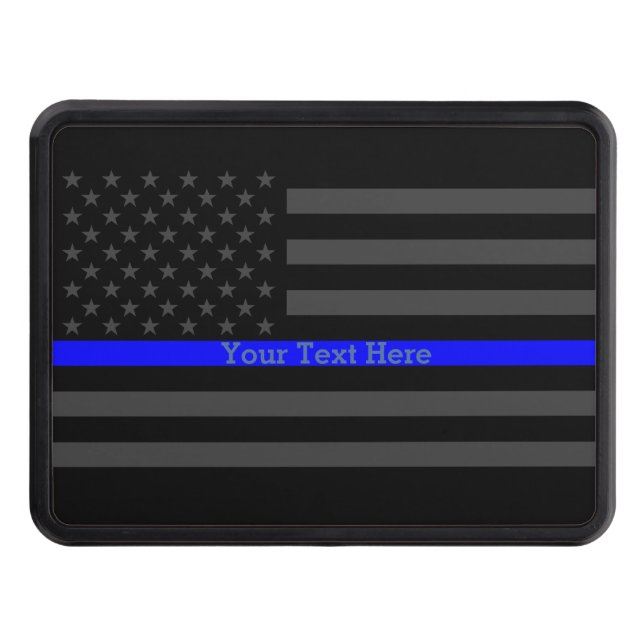 A Custom Text Thin Blue Line Grey US Flag Trailer Hitch Cover (Front)