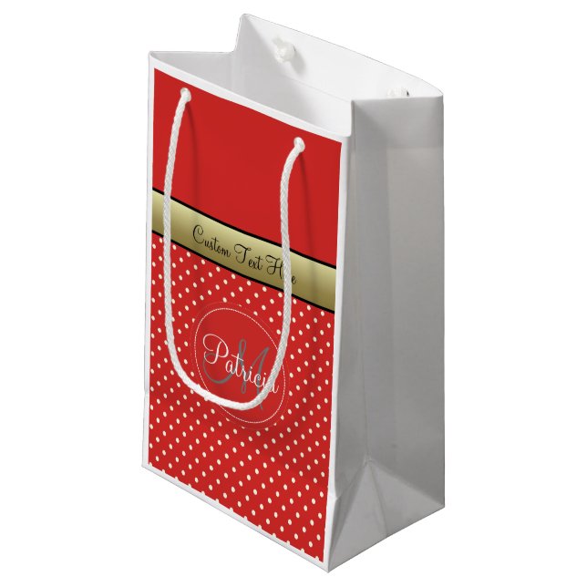 A Customized Tomato Red Polka Dots, Gold Ribbon Small Gift Bag (Front Angled)