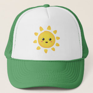 A cute and happy sun that shines brightly around trucker hat