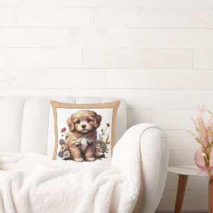 A Cute and Pretty Puppy in The Wild Flowers Throw Pillow