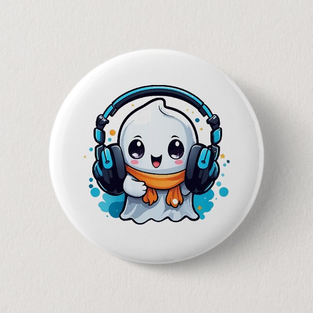 A cute and spooky ghost with headphones 2 inch round button (Front)