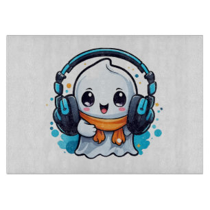 A cute and spooky ghost with headphones cutting board