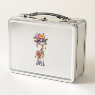 A Cute Baby Giraffe With Floral And Feather Accent Metal Lunch Box