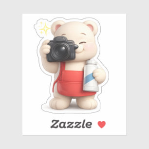 A cute bear character taking a picture.