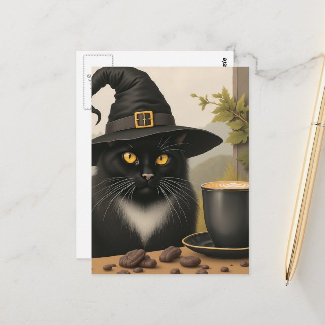 A Cute Black Witch Cat and a Coffee Postcard (Front/Back In Situ)