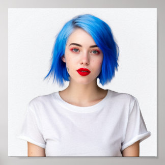 A cute blue hair model wearing Gildan Tee Poster