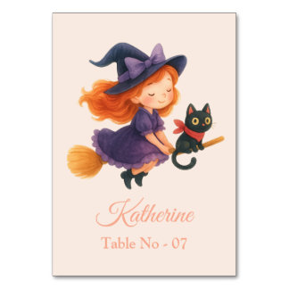A Cute Boo & Cat with a Broom  Table Number