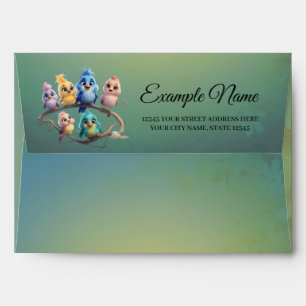A cute cartoon bird parade in vibrant colours. envelope