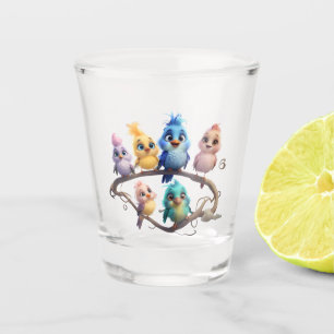 A cute cartoon bird parade in vibrant colours. shot glass