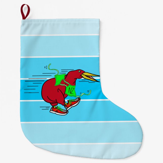 A cute cartoon Kiwi running wearing shoes Large Christmas Stocking (Front)