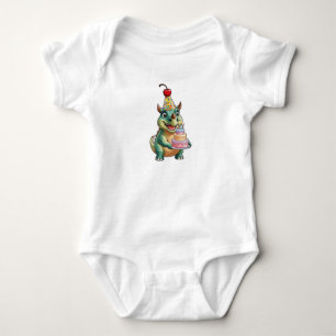 A cute cartoon Triceratops with a birthday hat and Baby Bodysuit