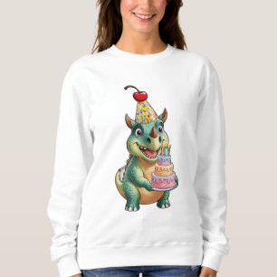 A cute cartoon Triceratops with a birthday hat and Sweatshirt