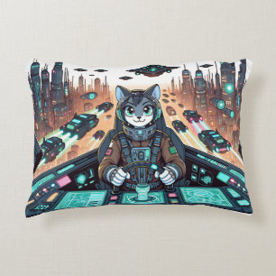 A cute cat like pilot navigates futuristic accent pillow