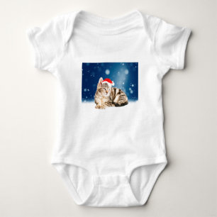 A Cute Cat wearing red Santa hat Christmas Snow Baby Bodysuit