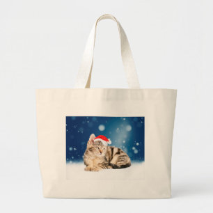 A Cute Cat wearing red Santa hat Christmas Snow Large Tote Bag