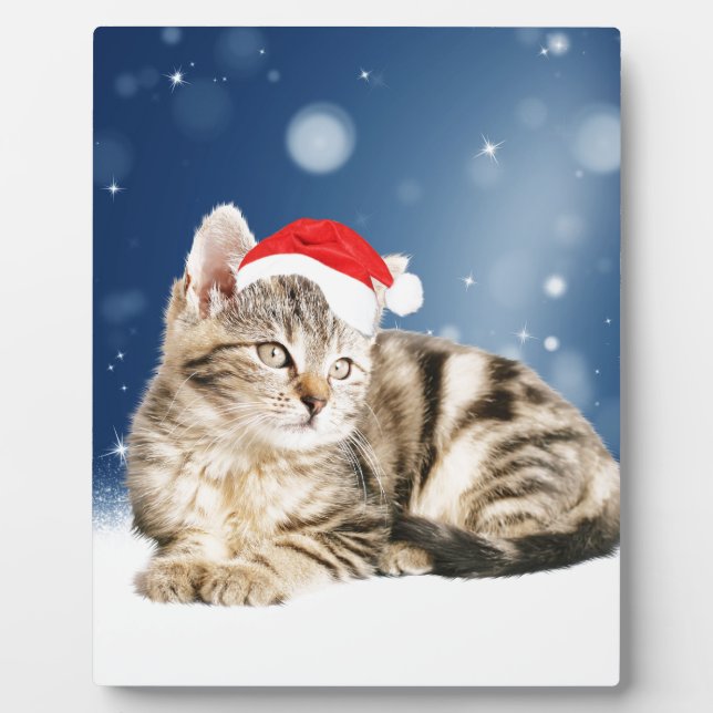 A Cute Cat wearing red Santa hat Christmas Snow Plaque (Front)