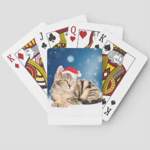 A Cute Cat wearing red Santa hat Christmas Snow Playing Cards