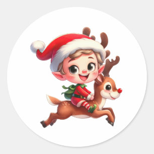 A cute Christmas Elf getting a ride on Rudolph Classic Round Sticker